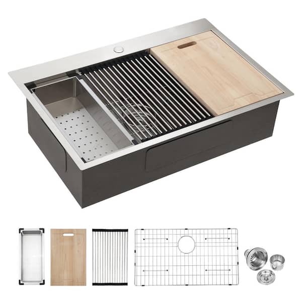 YSQCAR 30 in. x 22 in. Drop-in Single Bowl 18 Gauge Brushed Nickel Stainless Steel Kitchen Sink with Bottom Grid and Drain