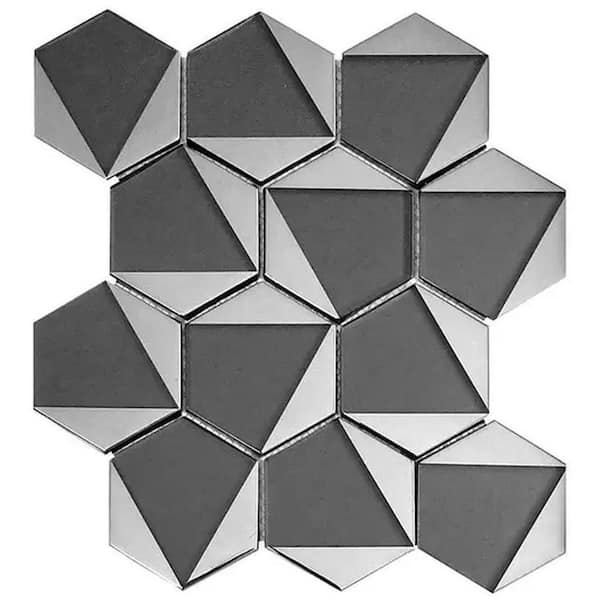 Mirari 9 x 11 in. Gray Glossy Glass 3D Trapezoid Mosaic Wall Tile (3.28 sq. ft./case, 5-Pack)