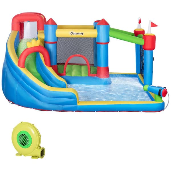 Unbranded Multicolored 6-in-1 Inflatable Bounce House with Slide, Climbing Wall, Water Cannon, Inflatable Water Slide for Kids