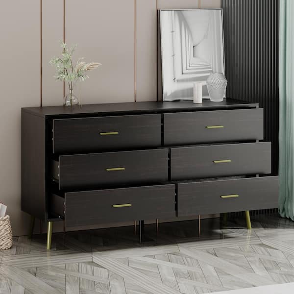 FUFU&GAGA Black 6-Drawers 47.2 in. W Wood Chest of Drawer Accent Storage Cabinet Organizer,15.7 in. D x 30.1 in. H