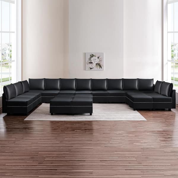 Contemporary Air Leather 13 Seater Upholstered Living Room Set Sectional Sofa with 6 Ottoman in in Black