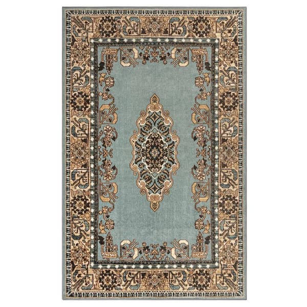 SUPERIOR Aviva Blue/Green 8 ft. x 10 ft. Non-Slip Traditional Floral Medallion Nylon Area Rug