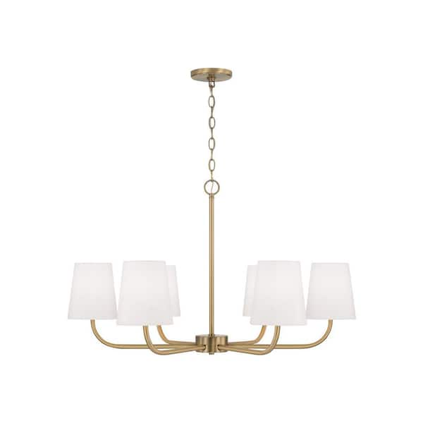 Brody 6-Light Aged Brass Chandelier with White Fabric Stay-Straight Shades with No Bulbs Included
