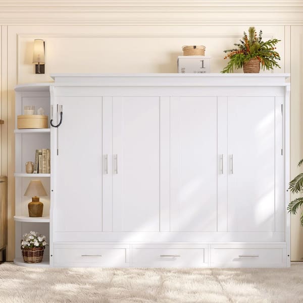 Hedvig White Wood Frame Full Size Murphy Bed with Shelf, Side Cabinets and 3 Drawers