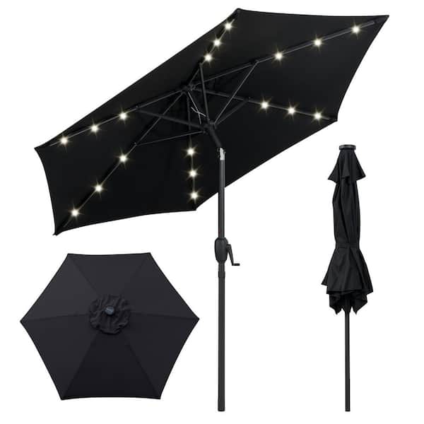 7.5 ft. Steel Market Solar Patio Umbrella with 18 LED Lights and Crank Handle in Black