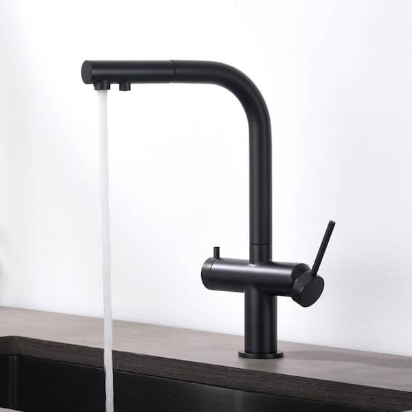 14 in. H Circular 2-in-1 Water Filter Pull Out Sprayer Kitchen Faucet w/ 360° Spout Swivel in Matte Black