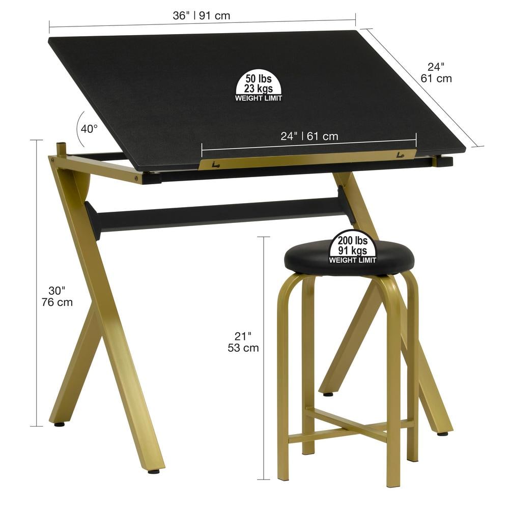 Stellar 36" Black and Gold Adjustable Drawing Table with Padded Stool