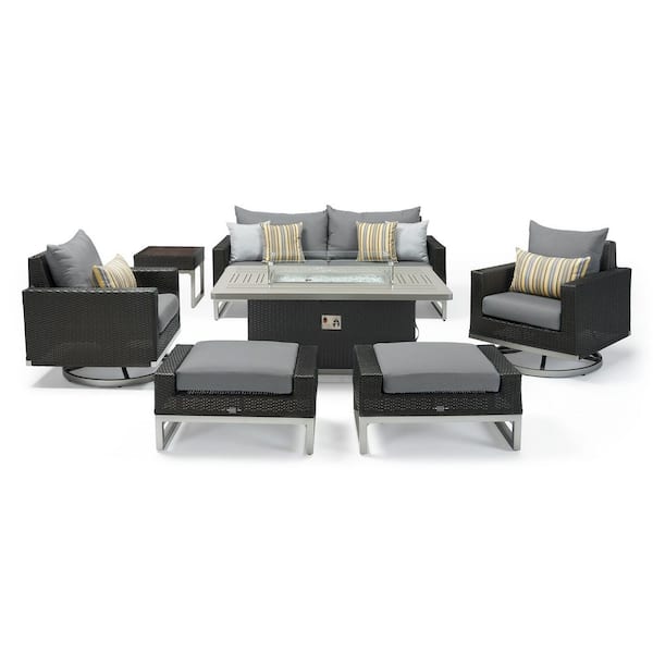 Milo Espresso 7-Piece Wicker Patio Motion Fire Pit Set with Sunbrella Charcoal Gray Cushions