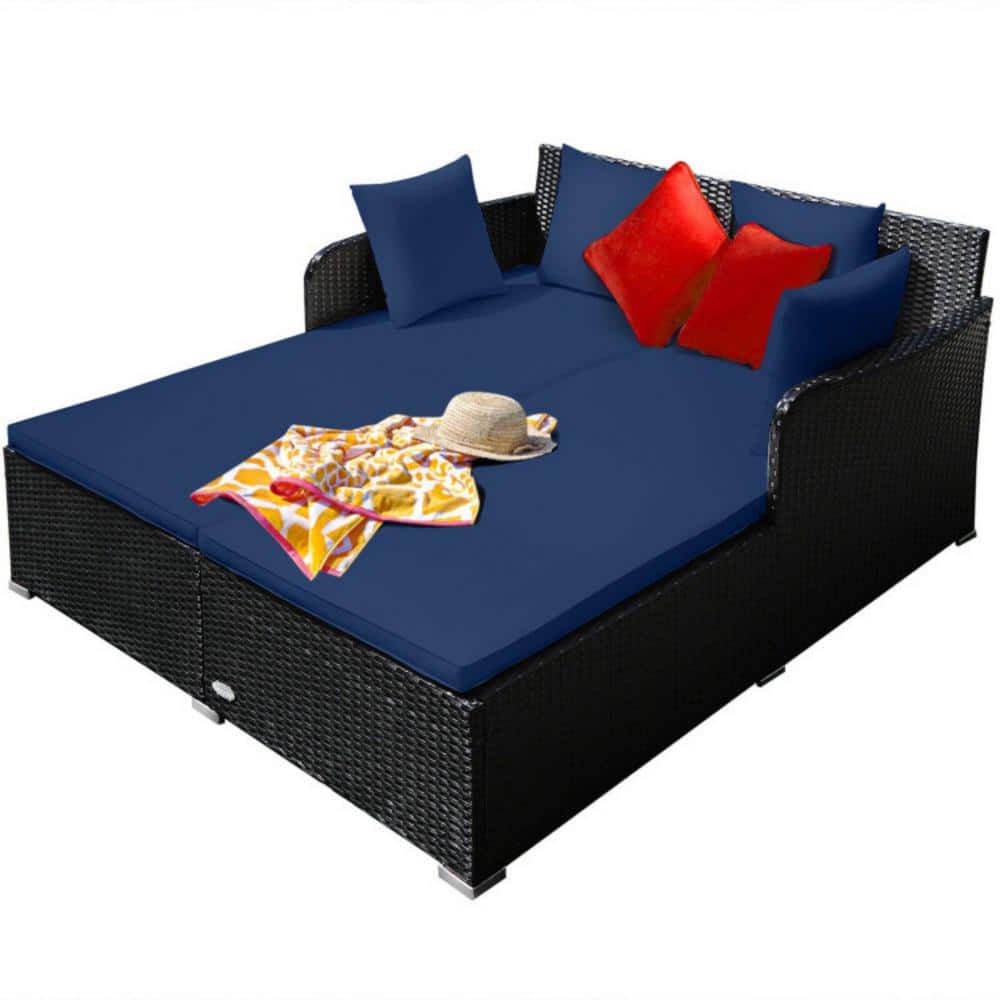 Wicker Outdoor Patio Conversation Set Spacious Rattan Daybed with Navy Upholstered Cushion