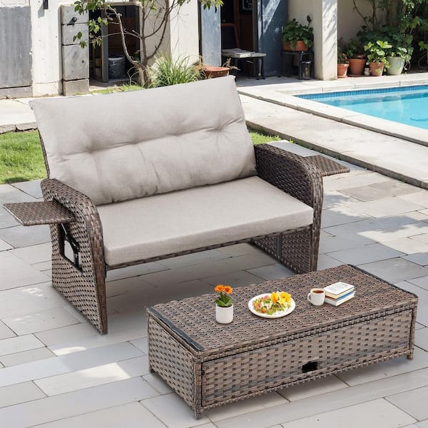 Brown Wicker Outdoor Sofa Day Bed Loveseat Sun Lounger for Backyard Porch with Cozy Cushion Guard Beige Cushions