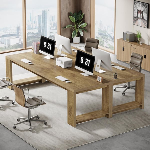 Halsey 86.6 in. 2PCS Extra Long Double Rectangular Brown Wood Computer Desk School Writing Study 2-Person Table Set of 2
