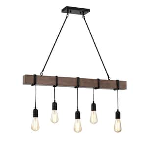 Delfina 5-Light Antique Black Finish with Natural Wooden Beam Chandelier Linear Farmhouse