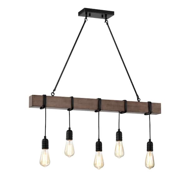 Jojospring Delfina 5-Light Antique Black Finish with Natural Wooden Beam Chandelier Linear Farmhouse