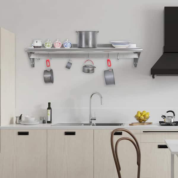 18 in. x 48 in. Stainless Steel Shelf with 6 Hooks, Wall Mounted Pot Rack 400 lb. NSF Commercial Floating Shelving