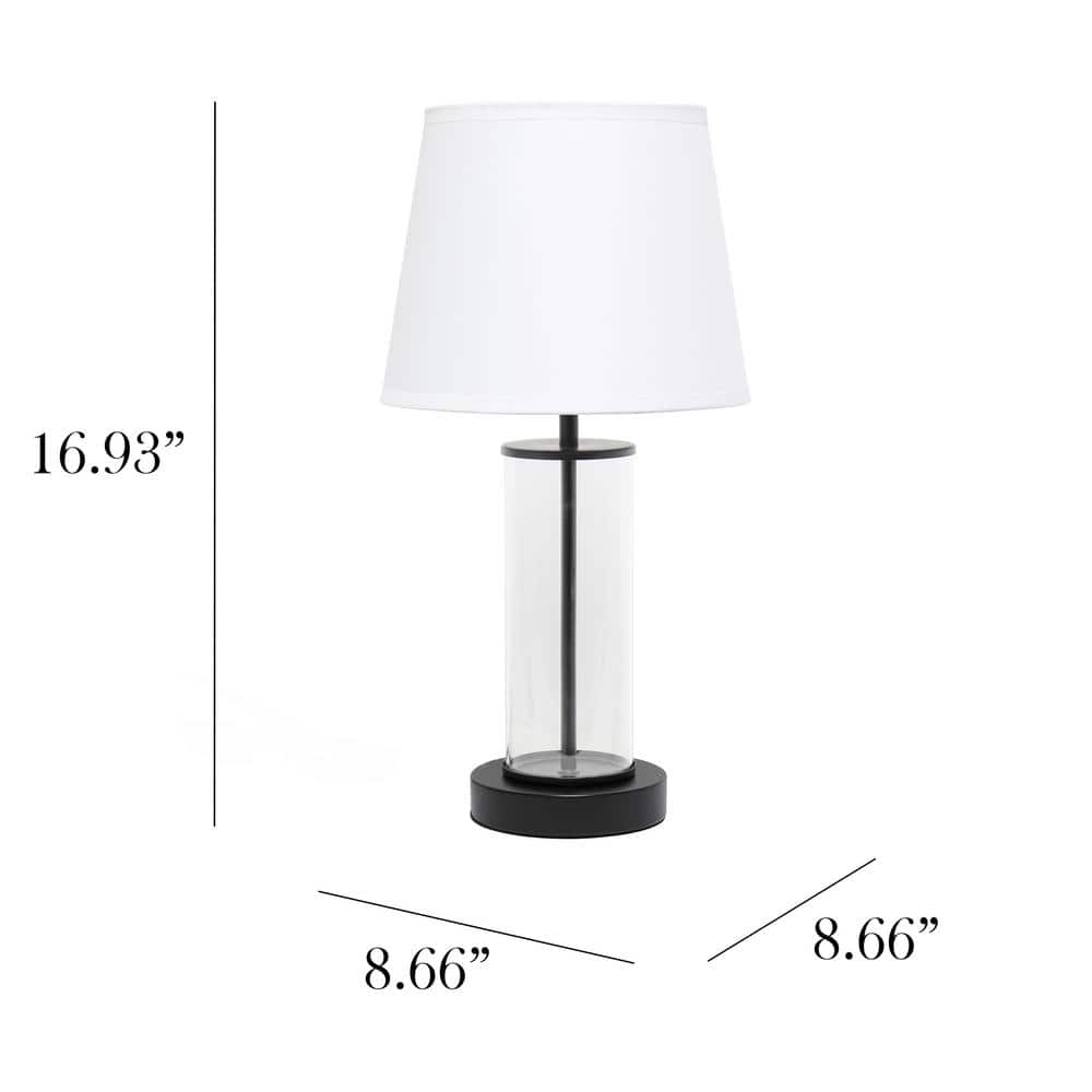 Black Metal and Clear Glass Table Lamp with White Fabric Shade