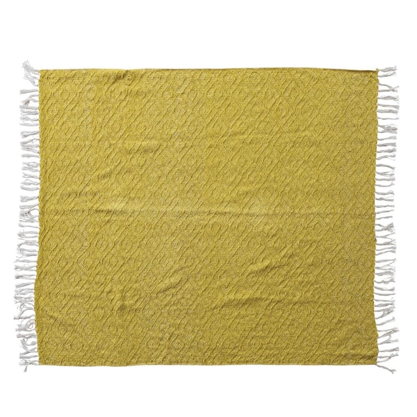 Chartreuse and Cream Color Woven Fabric Chenille Throw Blanket with Diamond Pattern and Fringe