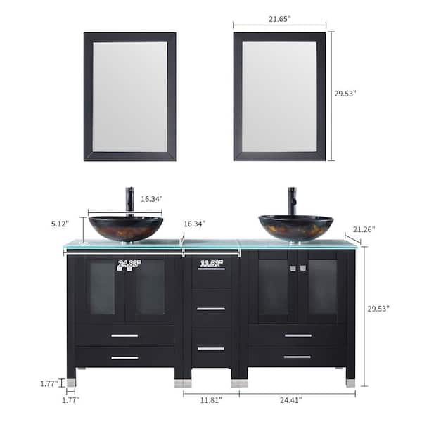 60.63 in. Double Painted Tempered Glass Black Sinks Freestanding Black Bath Vanity with Green Tempered Glass Top