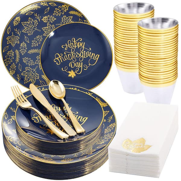 175-Piece Blue and Gold Thanksgiving Plastic Dinnerware Set with Plates, Napkins and Silverware