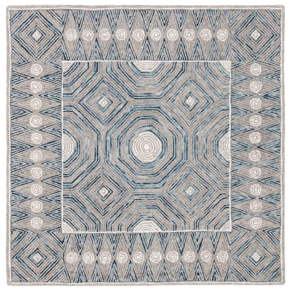 SAFAVIEH Micro-Loop Ivory/Blue 5 ft. x 5 ft. Border Geometric Square Area Rug