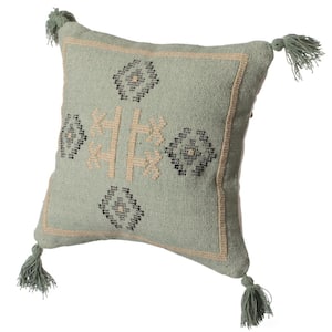 16 in. x 16 in. Green Handwoven Cotton Throw Pillow Cover with Tribal Aztec Design and Tassel Corners with Filler