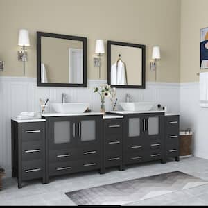 Ravenna 96 in. W Bathroom Vanity in Espresso with Double Basin in White Engineered Marble Top and Mirrors