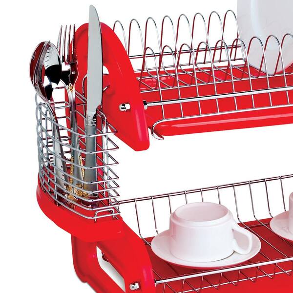 Home Basics 2-Tier Plastic Red Dish Drainer DD10248