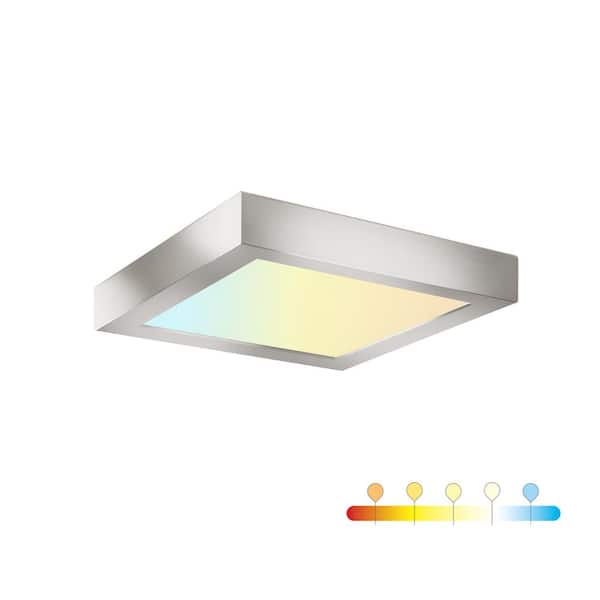 RUN BISON 7 in. Square Color Brushed Nickel Selectable Integrated LED Flush Mount Downlight