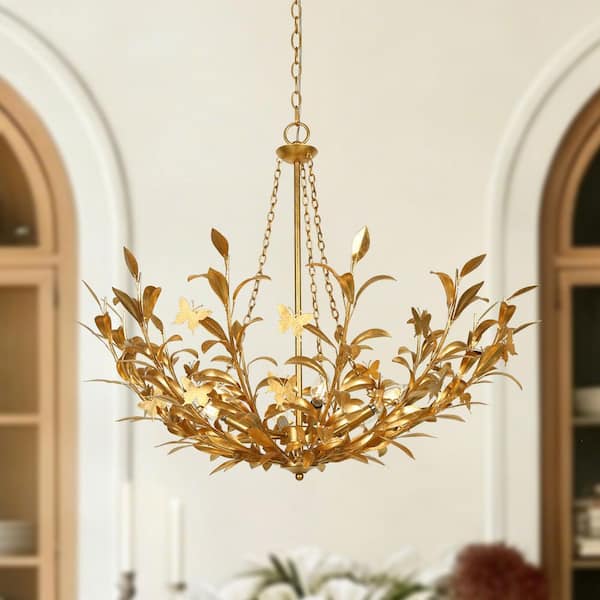 Modern Luxe 6-Light Vintage Goldleaf Floral Bowl Chandelier Handcrafted Inverted Chandelier for Dining Room Foyer