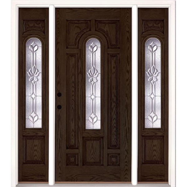 67.5 in.x81.625 in. Medina Zinc Center Arch Lt Stained Walnut Oak Right-Hand Fiberglass Prehung Front Door w/Sidelites