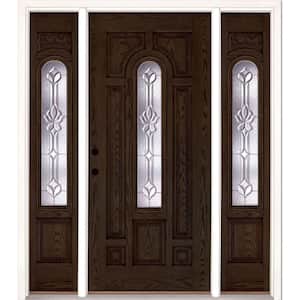 67.5 in.x81.625 in. Medina Zinc Center Arch Lt Stained Walnut Oak Right-Hand Fiberglass Prehung Front Door w/Sidelites