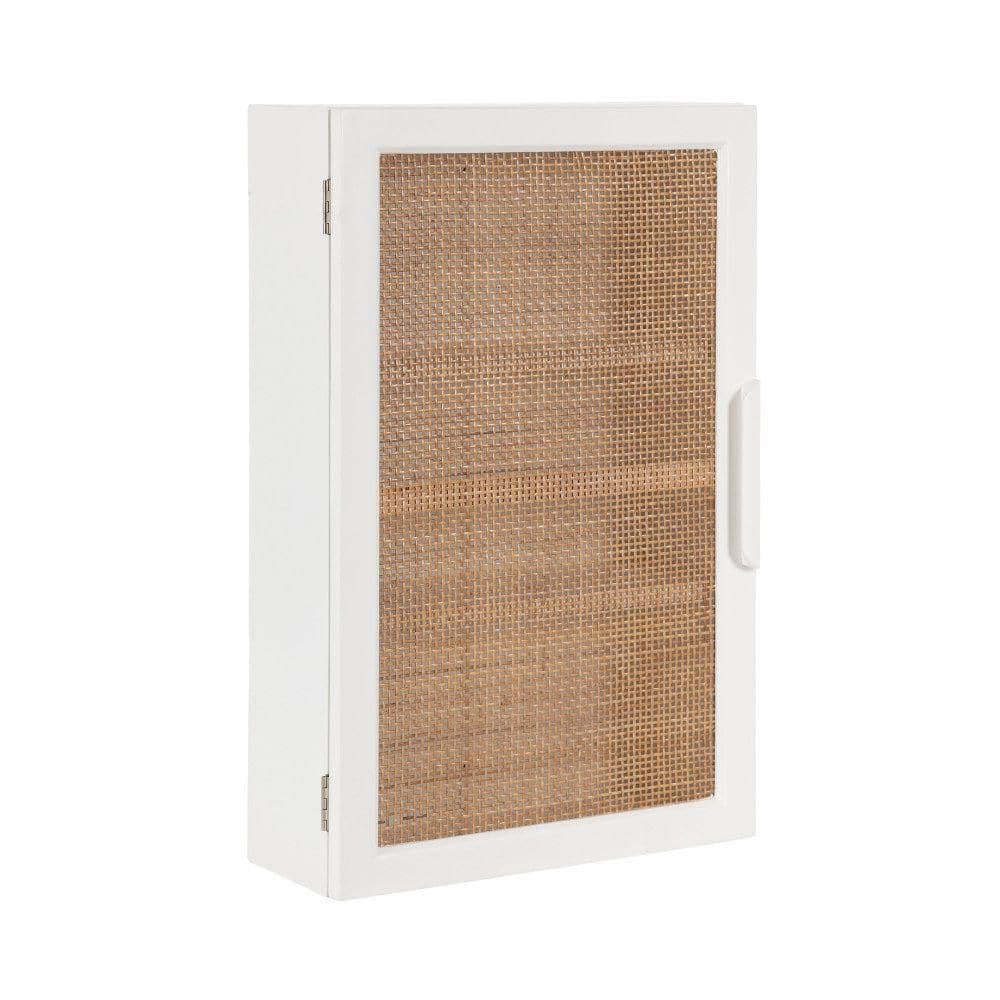 White and Natural Rattan Wall Cabinet with Three Shelves