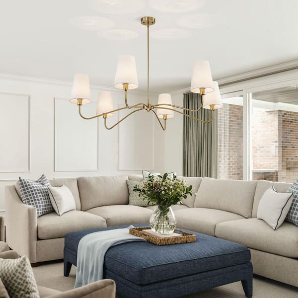 TinHon Modern Gold 6-Light Chandelier with White Fabric Shades