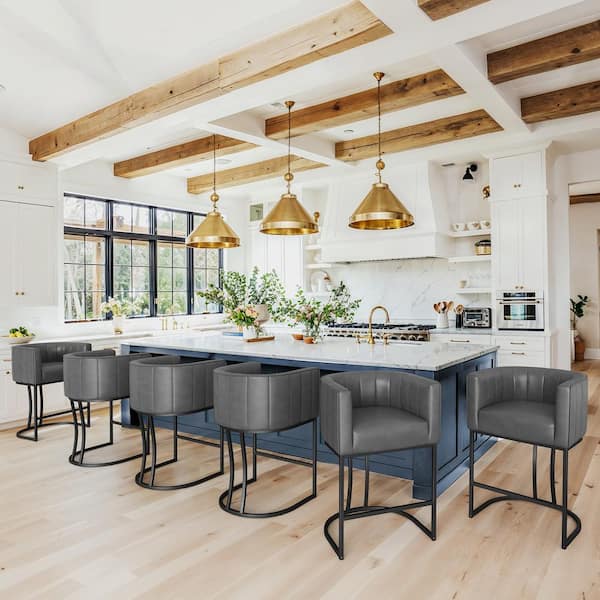 Siska 26 in.Modern Gray Faux Leather Upholstered Counter Stool with Black Metal Frame Barrel Bar Stool Set of 6