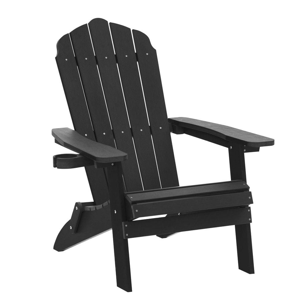 Black Adirondack Chair, HIPS All-Weather Resistant Outdoor Chair with Cup H