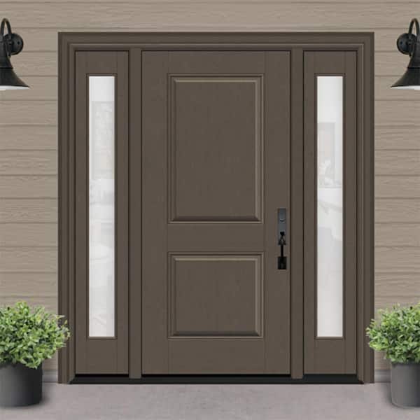 Regency 64 in. x 80 in. 2P Squaretop LHIS Ashwood Stain Mahogany Fiberglass Prehung Front Door w/Obscure12in. SLs 4-9/16