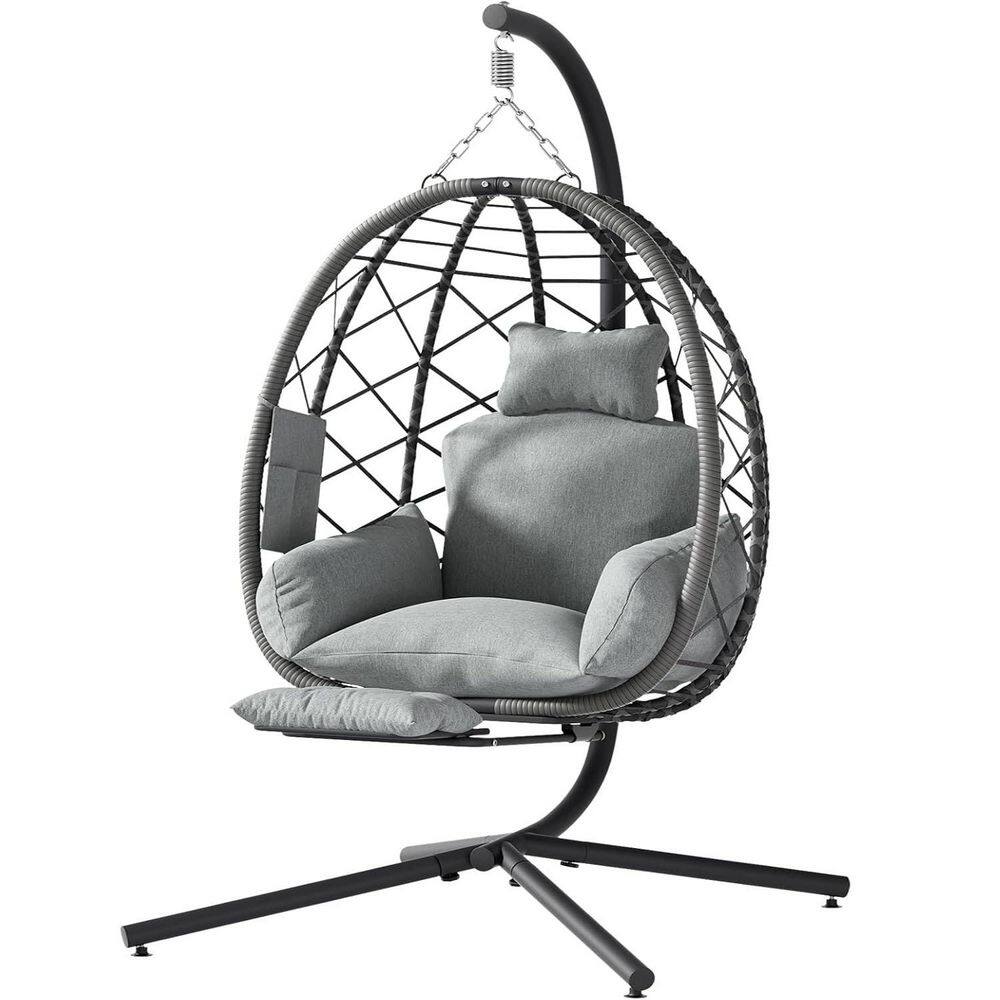 Hanging Egg Chair w/ Stand, 330 lbs. Wicker Patio Swing Chair w/ Cushion,Headrest, Foldable Footrest for Indoor Outdoor price history on PriceWatchPro