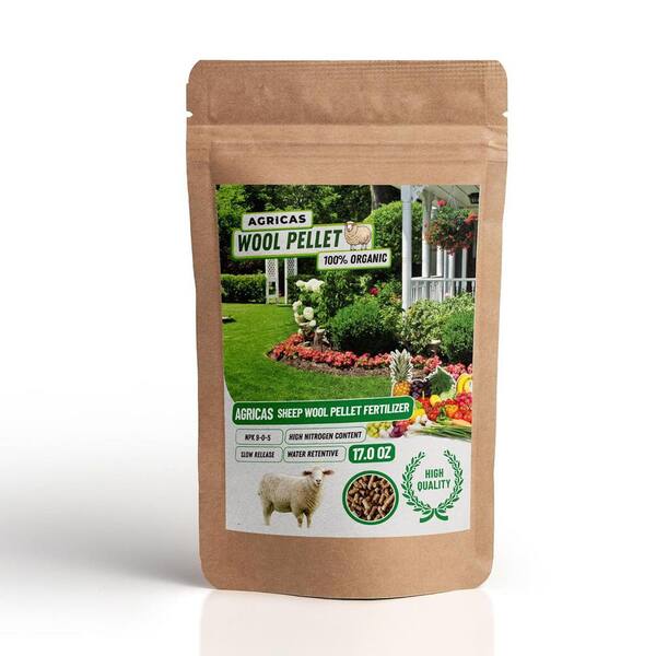 AGRICAS 17 oz. Bag, Organic Granular Fertilizer - 100% Sheep Wool Pellets, 9-0-5 NPK, Slow Release, Water-Retentive (1-Pack)