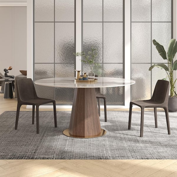 Monland Modern Style Round Pandora Colour Pandora Stone Table Top for Kitchen 53.15 in. Walnut Pedestal Dining Table (4 Seats)