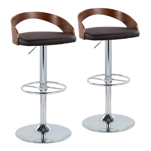 Lumisource Grotto 32.25 in. Brown Faux Leather, Walnut Wood, and Chrome Metal Adjustable Bar Stool with Wheel Footrest (Set of 2)