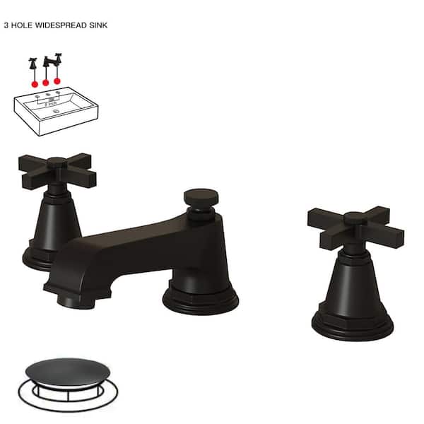 BWE 8 in. Widespread Double Handle 3 Hole Bathroom Faucet Water-Saving With Metal Drain In Matte Black