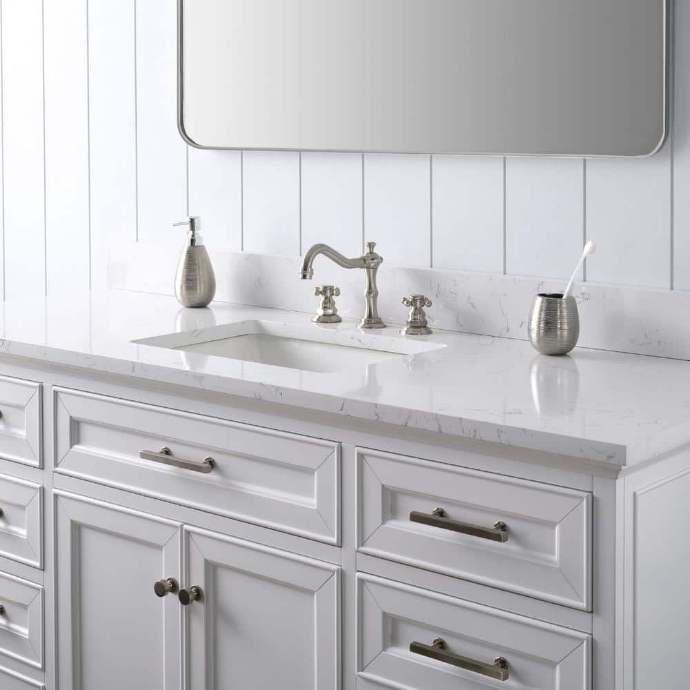 Thompson 60" White Solid Wood Single Bathroom Vanity with Engineered Stone Top