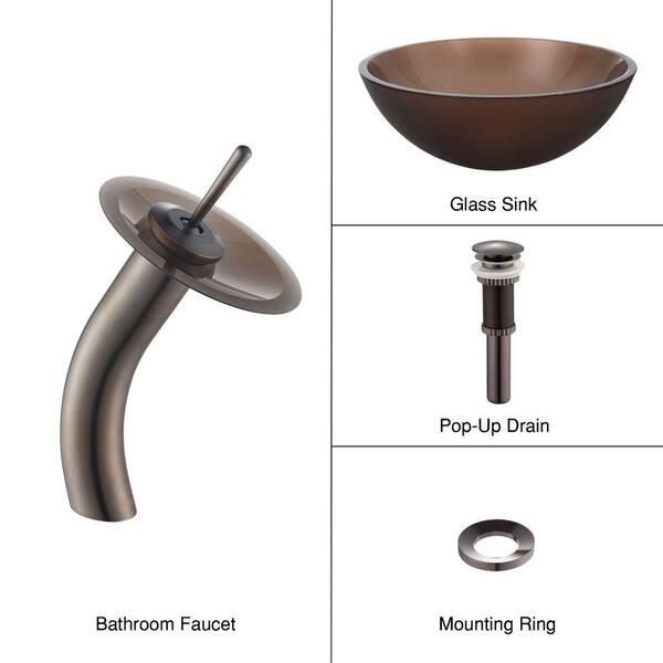 KRAUS Glass Bathroom Sink in Frosted Brown with Single Hole 1-Handle Low Arc Waterfall Faucet in Oil Rubbed Bronze