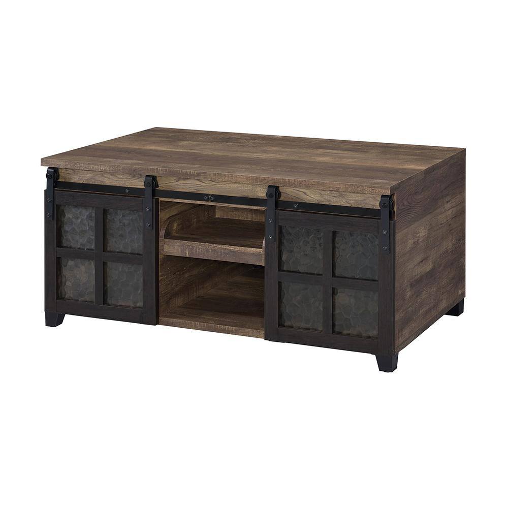 Rustic Oak and Black Rectangular Wood Glass Coffee Table with Storage