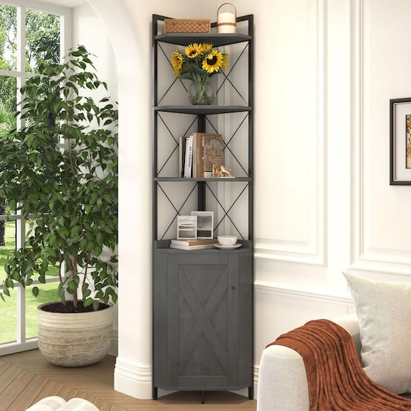 Mieres Industrial Style Rustic Gray 4-Tier Wooden Corner Shelf, Free Standing Corner Storage Cabinet for Living Room