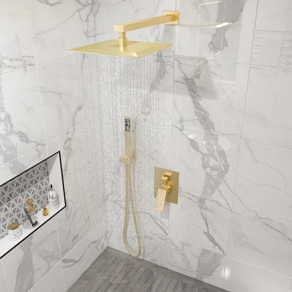1 Spary 10 in. Dual Shower Head Wall Mounting Fixed and Handheld Shower Head 2.5 GPM in Brushed Gold