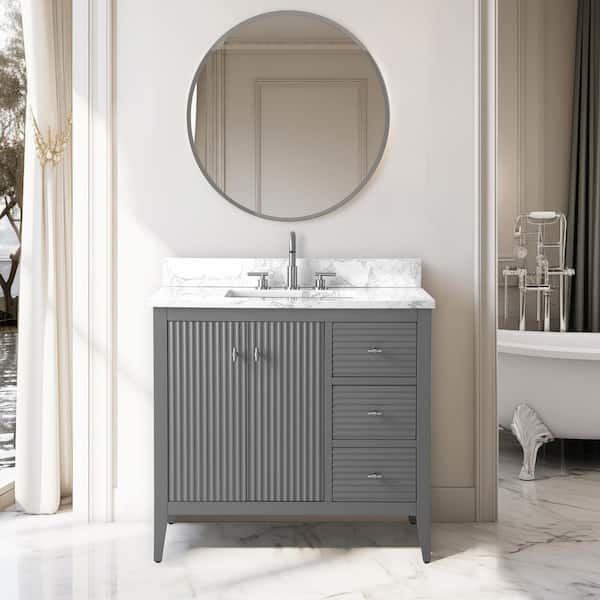 Vanity Art 36 in. W x 22 in D x 38 in. H Single Sink Linear Gray Bath Vanity Cabinet with White Engineered Marble Top