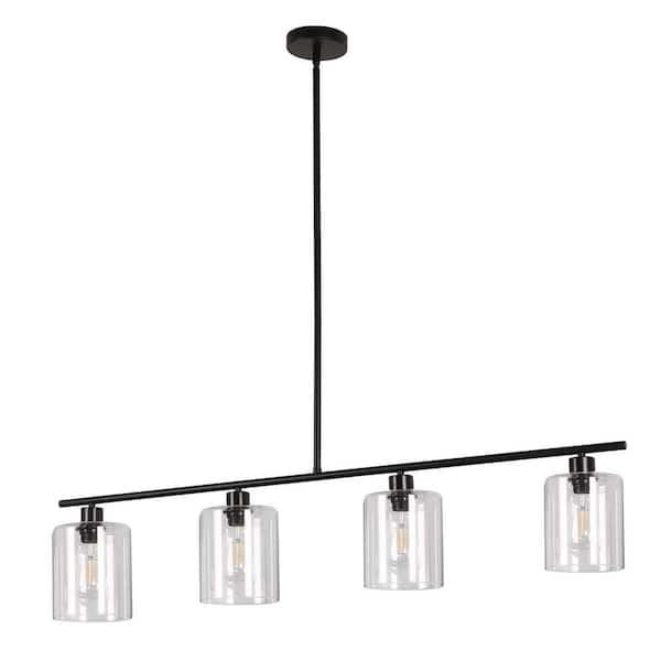 4-Light Matte Black Modern Island Pendant Light Fixtures, Linear Chandelier Hanging Light with Clear Glass Shade