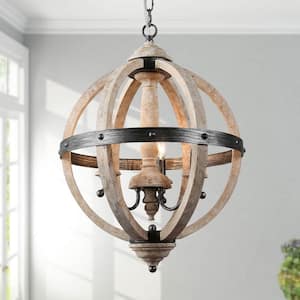 Rustic Solid Wood Globe Chandelier with Brushed Black Candlestick 3-Light Pendant for Kitchen Island Bedroom Dining Room