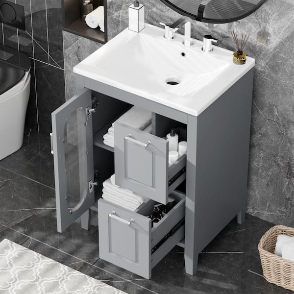 24 in. W x 18.3 in. D x 33.2 in. H Gray Bath Vanity with Single Sink and White Ceramic Top, Adjustable Shelf