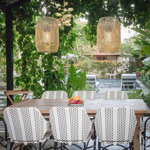 Golden Lighting - Seabroke 1-Light Natural Black (UV) Summer Sands Shade and Clear Glass Outdoor Pendant Light